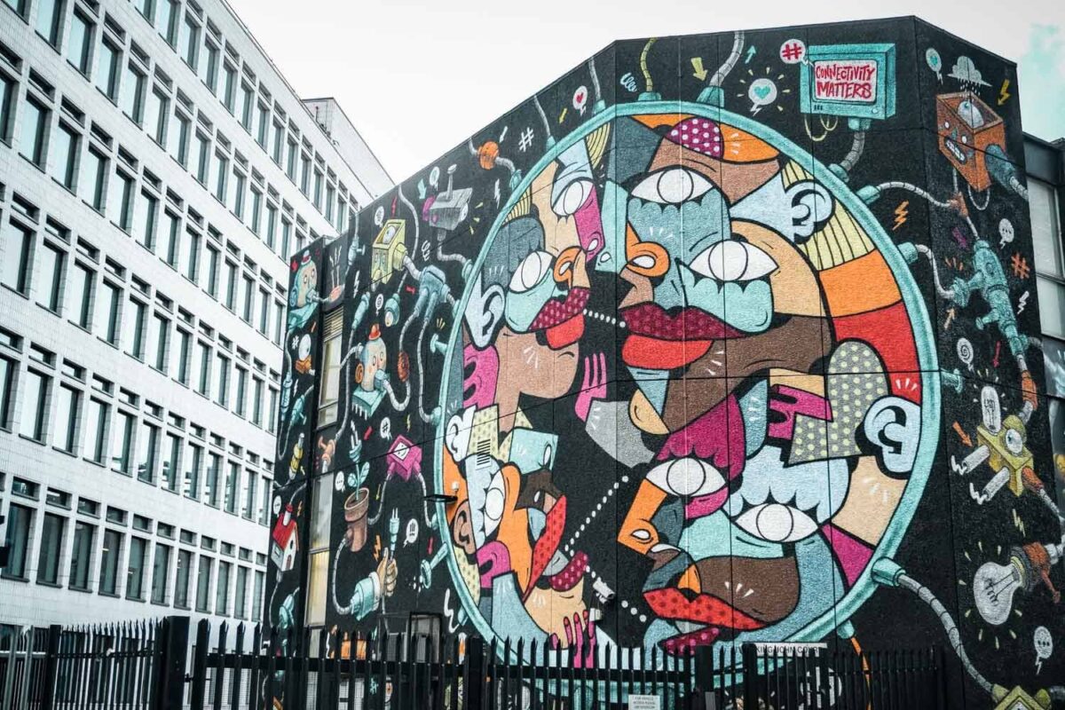 Vibrant street art mural in Shoreditch