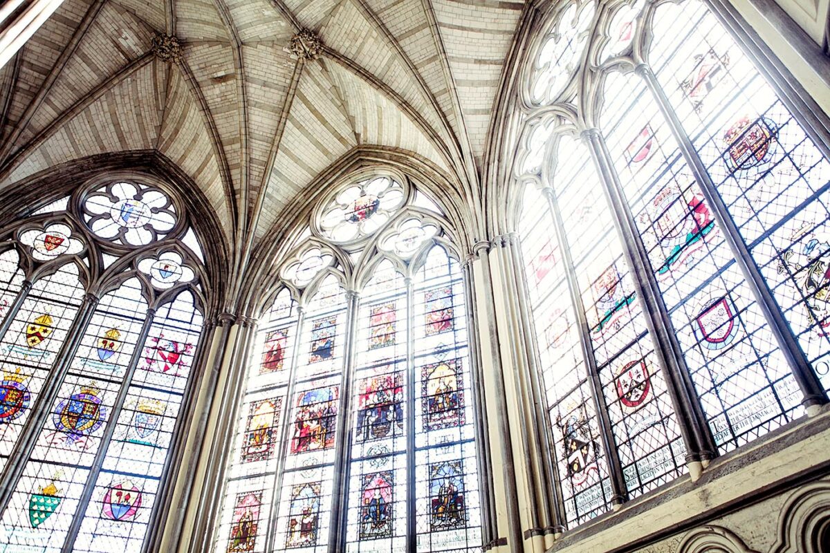 Stained glass and vaulting inside Westminster Abbey