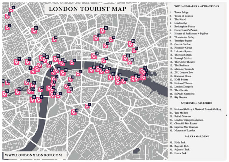 A London tourist map that actually helps: 36 attractions, an interactive version and a free printable