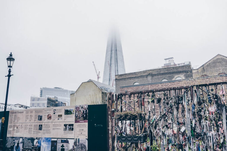 Ribbons on the gates at Cross Bones Graveyard