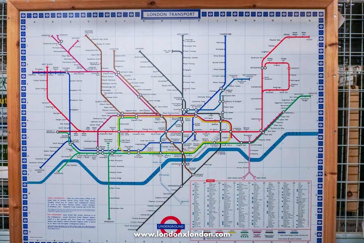 A framed historic London Transport Underground map hanging on the wall at the Museum Depot