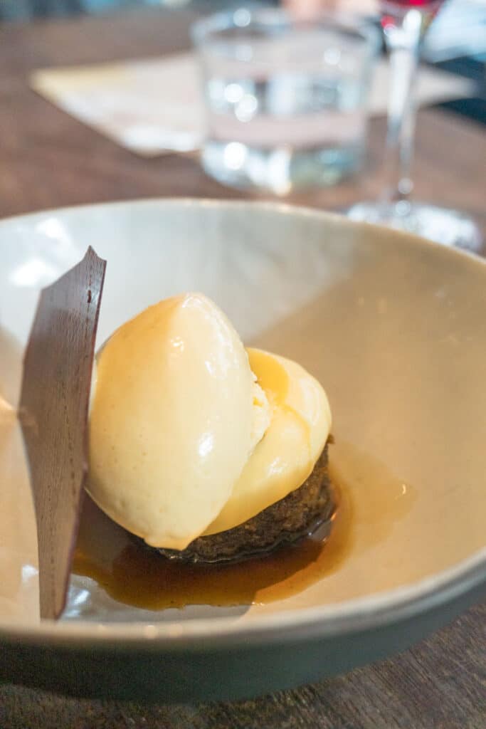 Coffee cake with brandy ice cream and chocolate cremeaux 