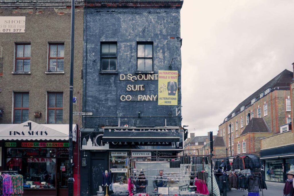 Stalls at Petticoat Lane and Discount Suit Company 