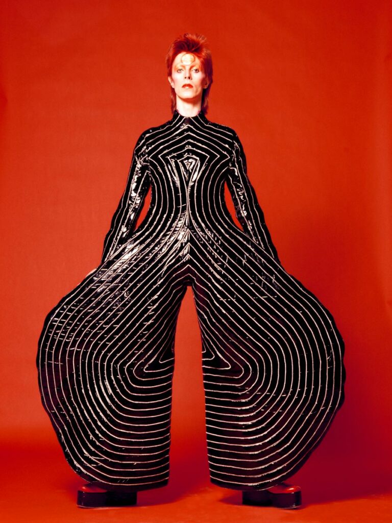 Striped bodysuit for Aladdin Sane tour, 1973. Design by Kansai Yamamoto. Photograph by Masayoshi Sukita. © Sukita and The David Bowie Archive