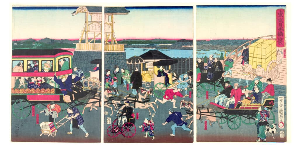 Utagawa Kuniteru II (1830-1874) Triptych showing various types of transport by the Nihonbashi bridge in Tokyo, woodblock print, ca.1870, Japan, bequeathed by Paul Shelving © Victoria and Albert Museum, London