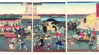 Utagawa Kuniteru II (1830-1874) Triptych showing various types of transport by the Nihonbashi bridge in Tokyo, woodblock print, ca.1870, Japan, bequeathed by Paul Shelving © Victoria and Albert Museum, London