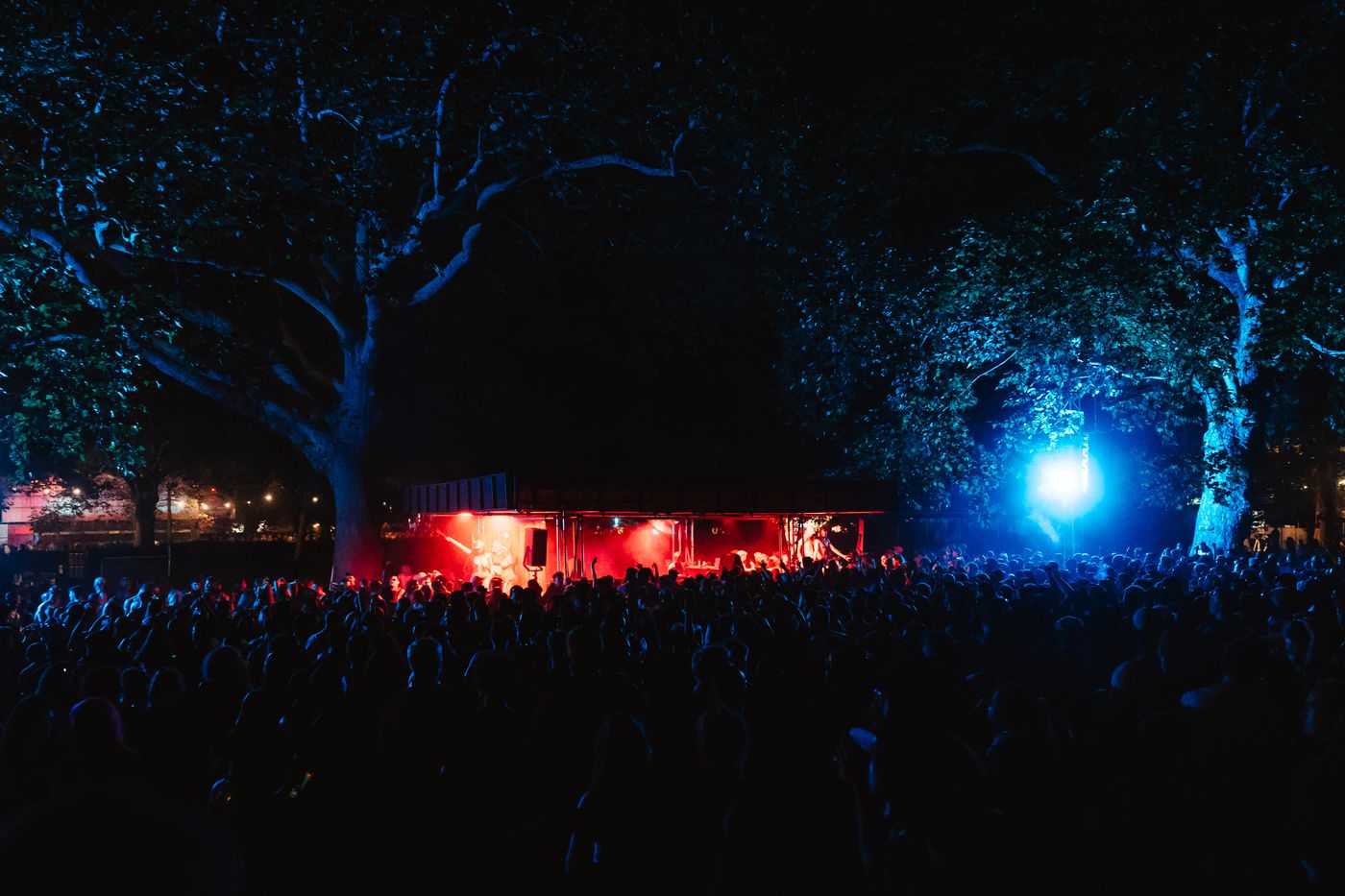 Crowd dancing at Body Movements festival at night, Southwark Park