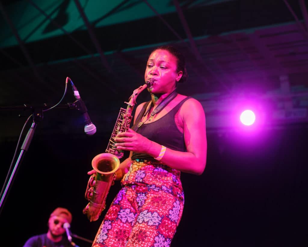 Saxophonist performing at Brassworks, Woolwich Works