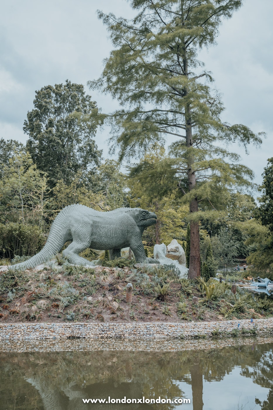 The standing Iguanodon at Crystal Palace Park after restoration, with its horn on its nose