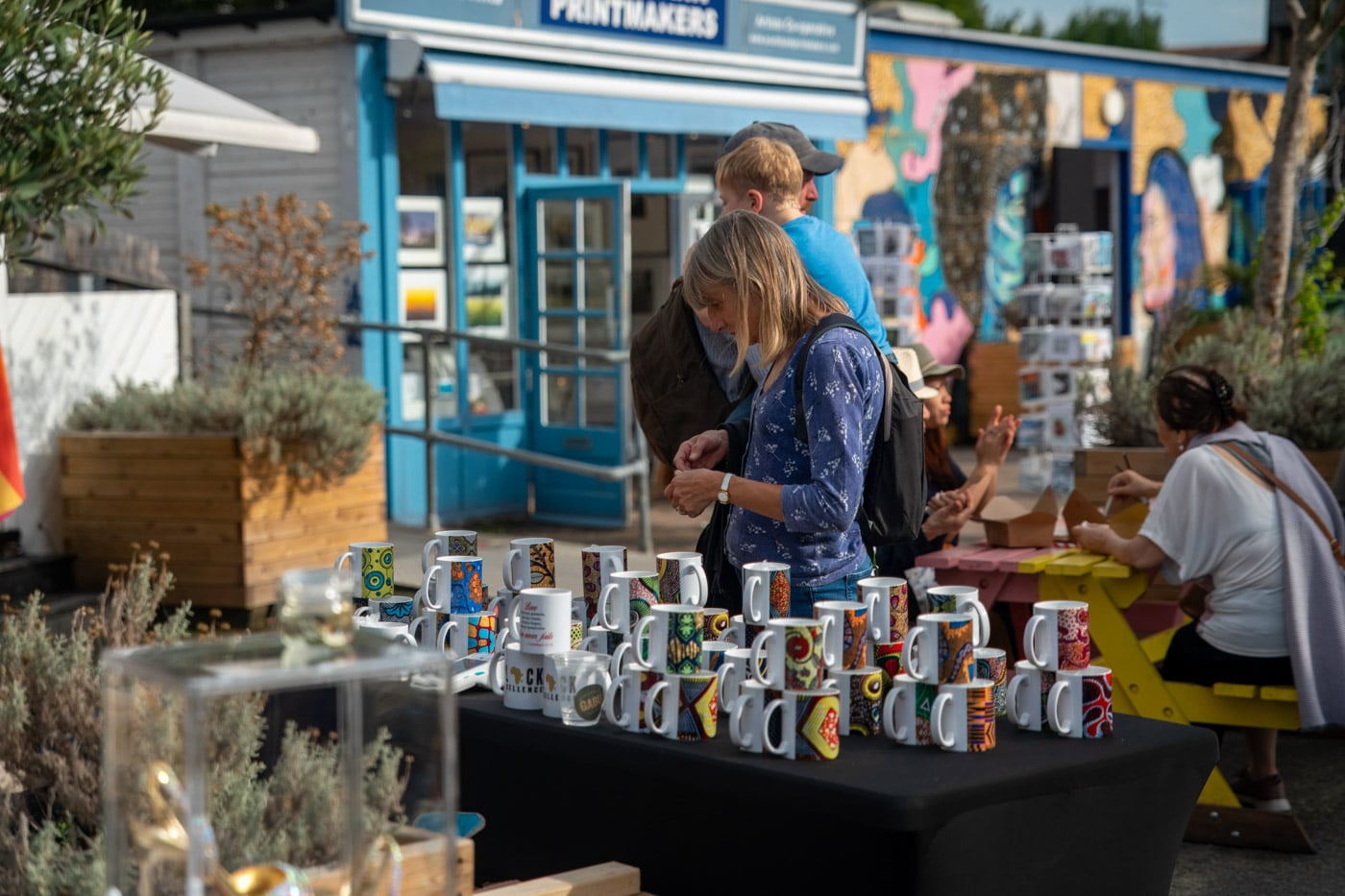 A stall of handmade ceramic mugs at the Gabriel's Wharf Arts Festival