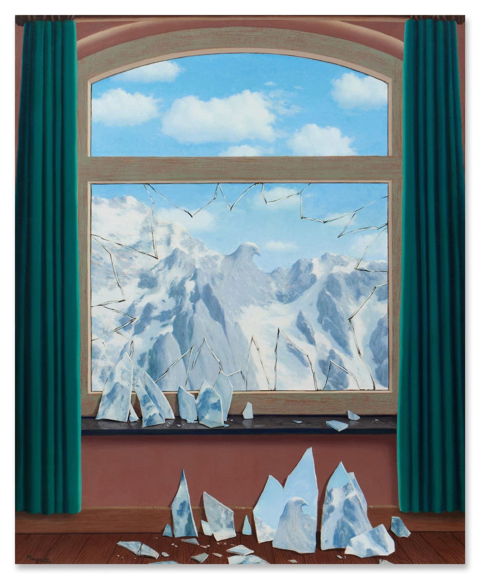 Rene Magritte's La Domaine d'Arnheim, 1949, a shattered window revealing a mountain landscape
