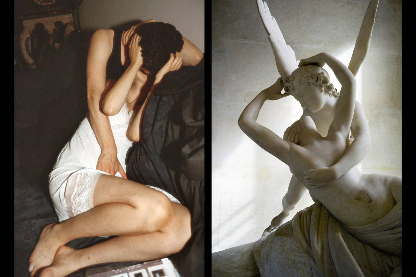 Nan Goldin, Young love, 2024, paired with a classical sculpture