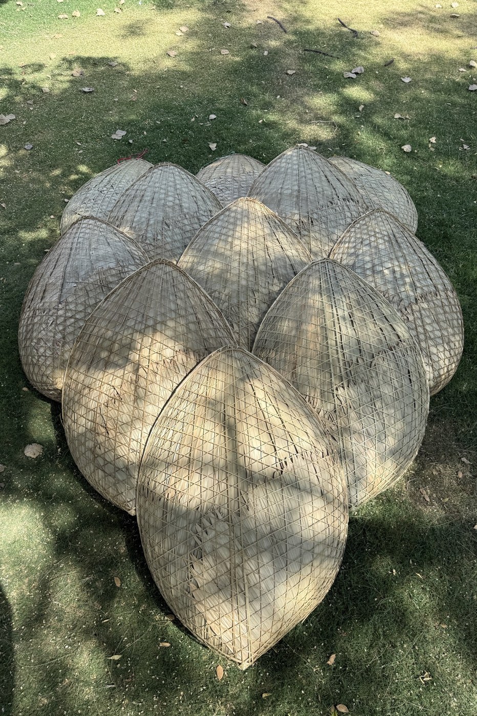 Woven rain shields, or knups, used in The Pangolin Shield installation