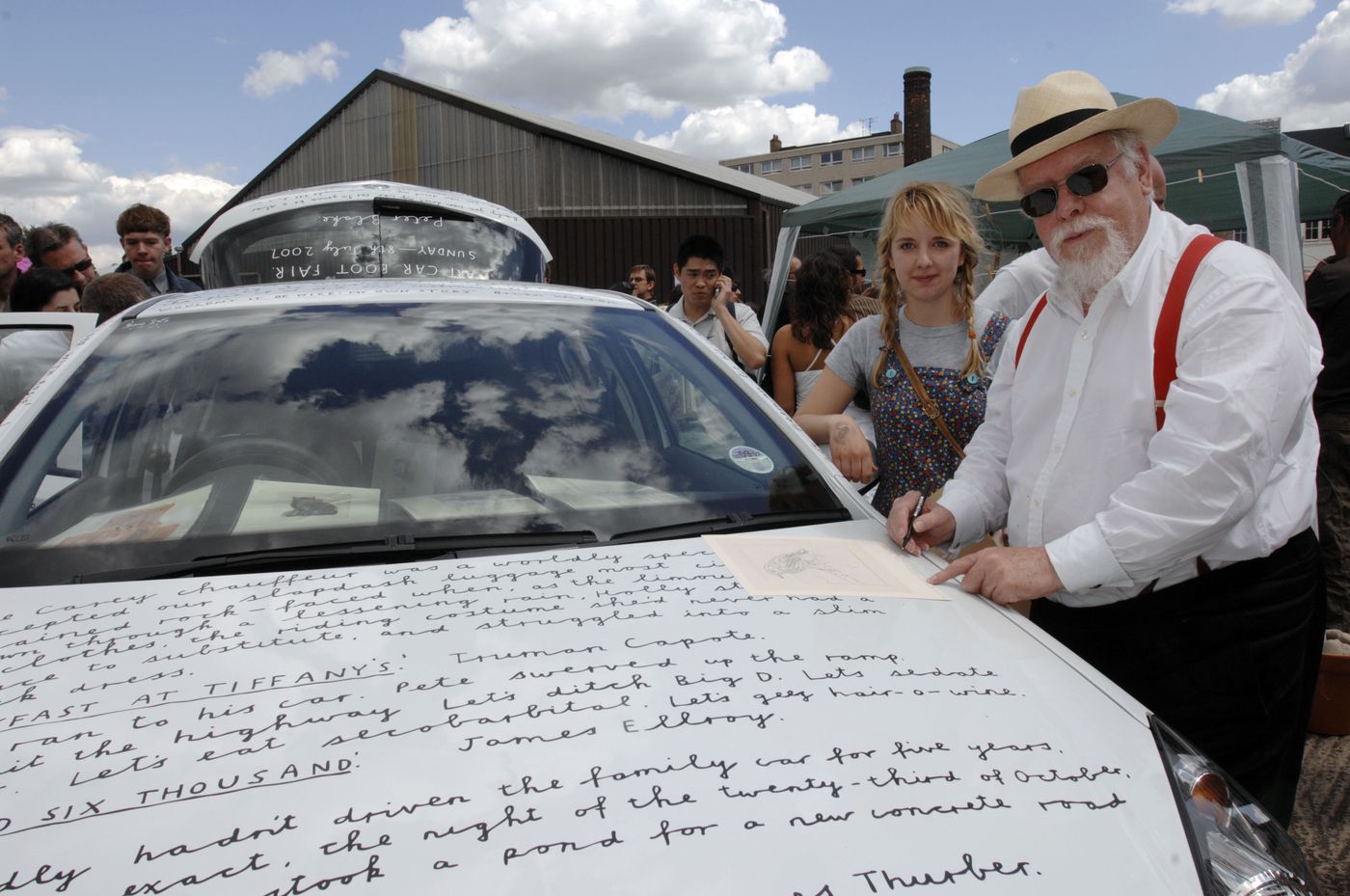 Sir Peter Blake signing his Art Car Boot Fair gallery car in 2007