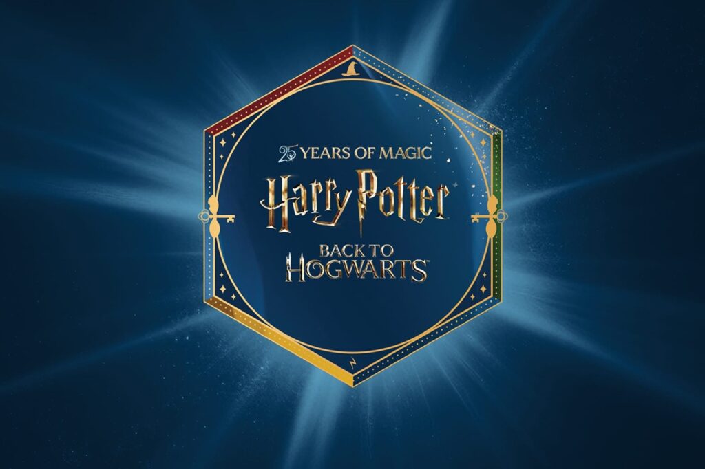 The Harry Potter Back to Hogwarts 25 Years of Magic crest, in gold on a deep blue starburst background