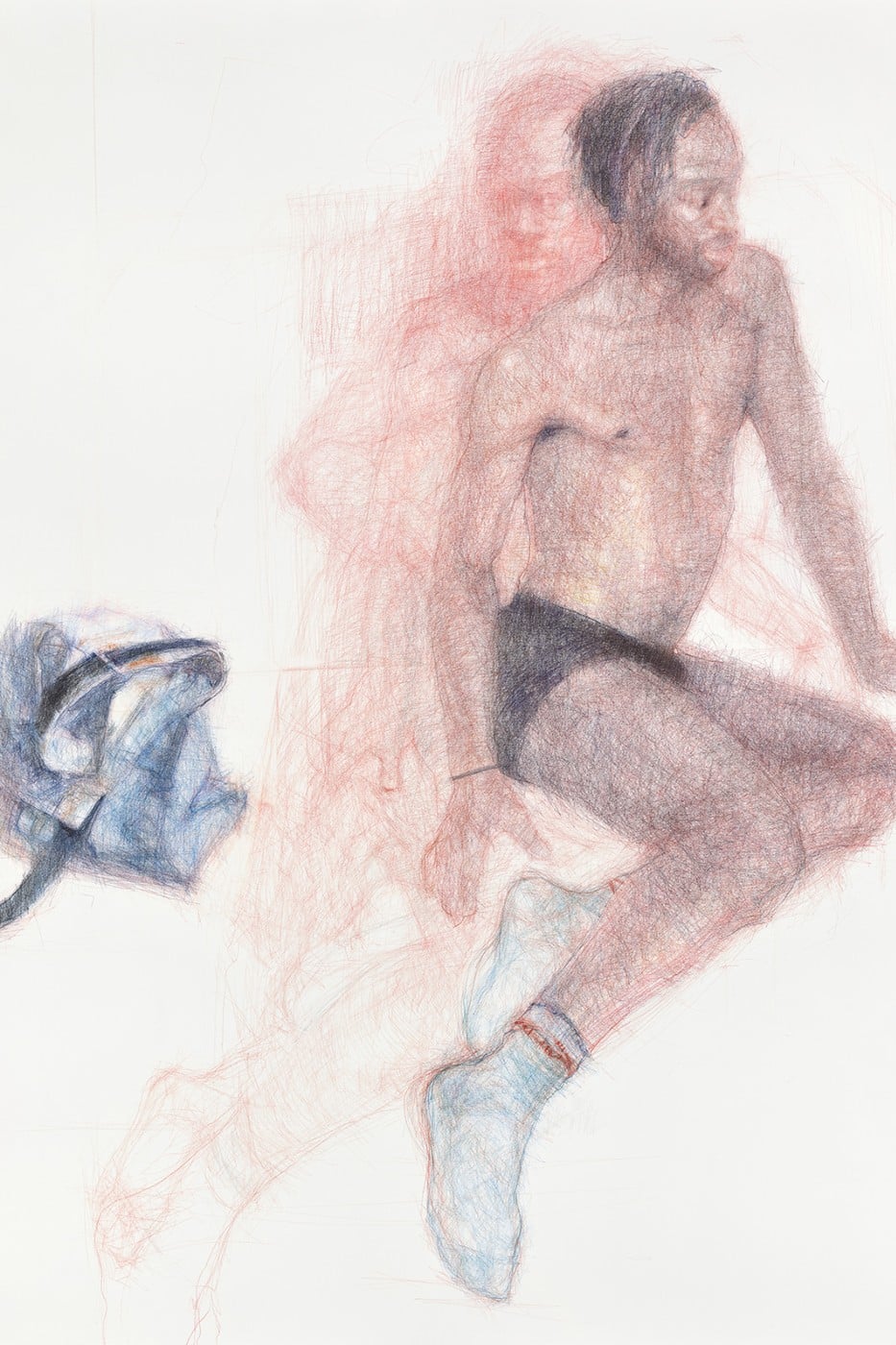 Curtis Holder's coloured pencil portrait Echoes of Eshu II, showing a seated shirtless man beside a denim backpack