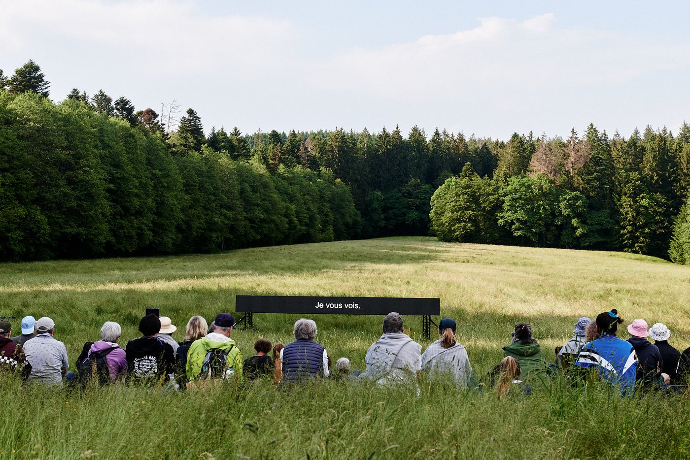 An audience sits in a grassy field facing an illuminated sign reading 'Je vous vois', part of I Have No Name