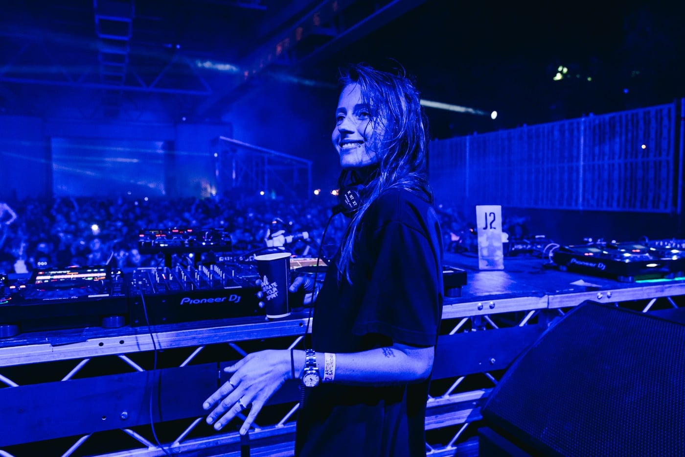 A DJ performing to a large crowd under blue stage lighting at an outdoor electronic music show