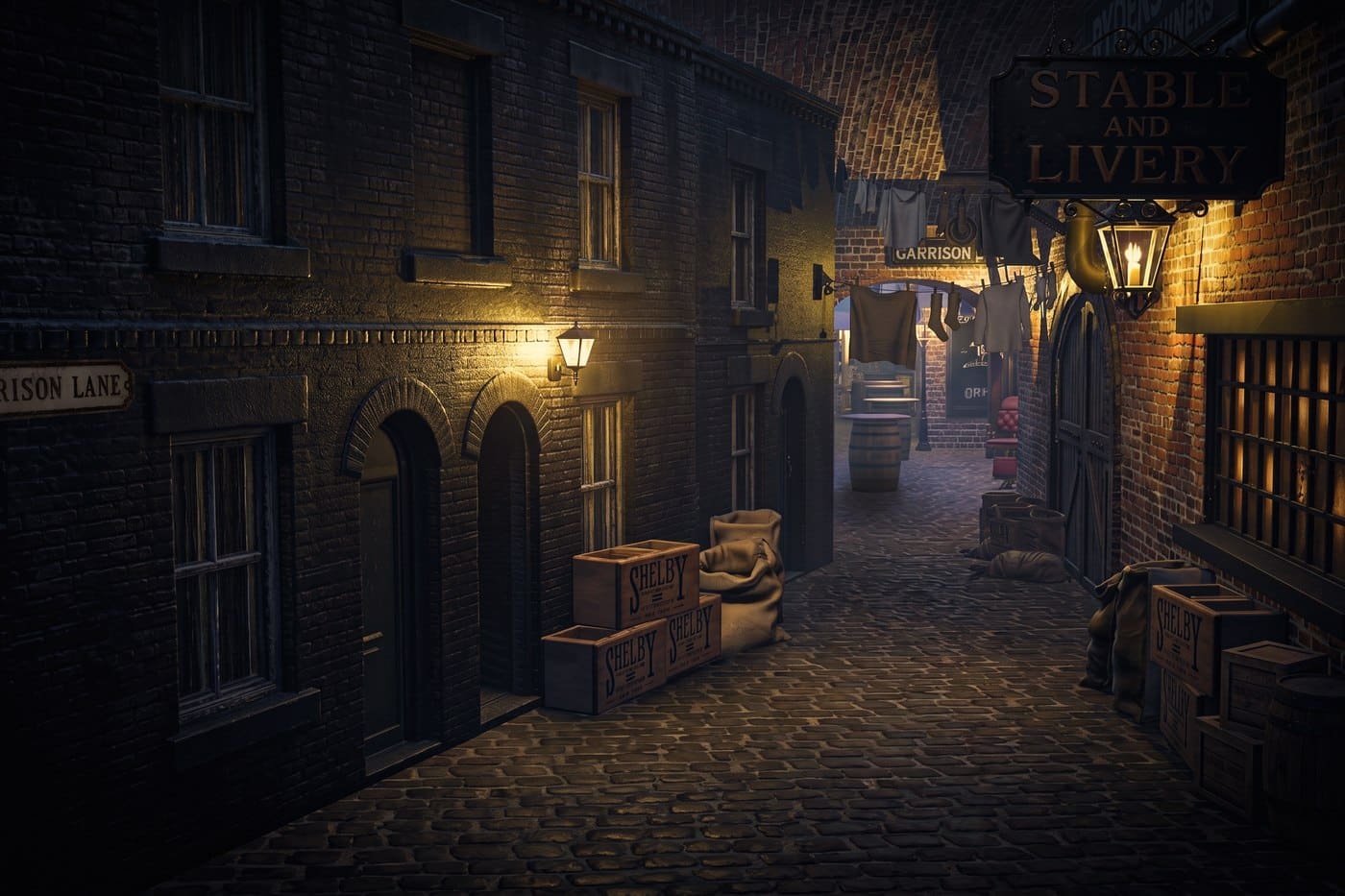 The Garrison Lane set at Peaky Blinders Underworld: a cobbled Birmingham street with gas lamps, Shelby Company crates and a Stable and Livery sign.