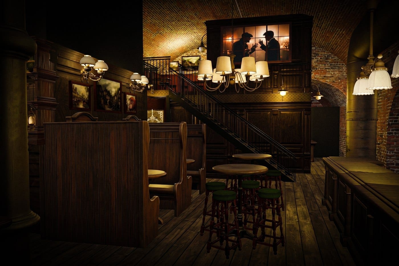 The recreated Garrison Tavern interior at Peaky Blinders Underworld, with wooden booths, bar stools, a staircase and vintage lighting beneath the railway arches.