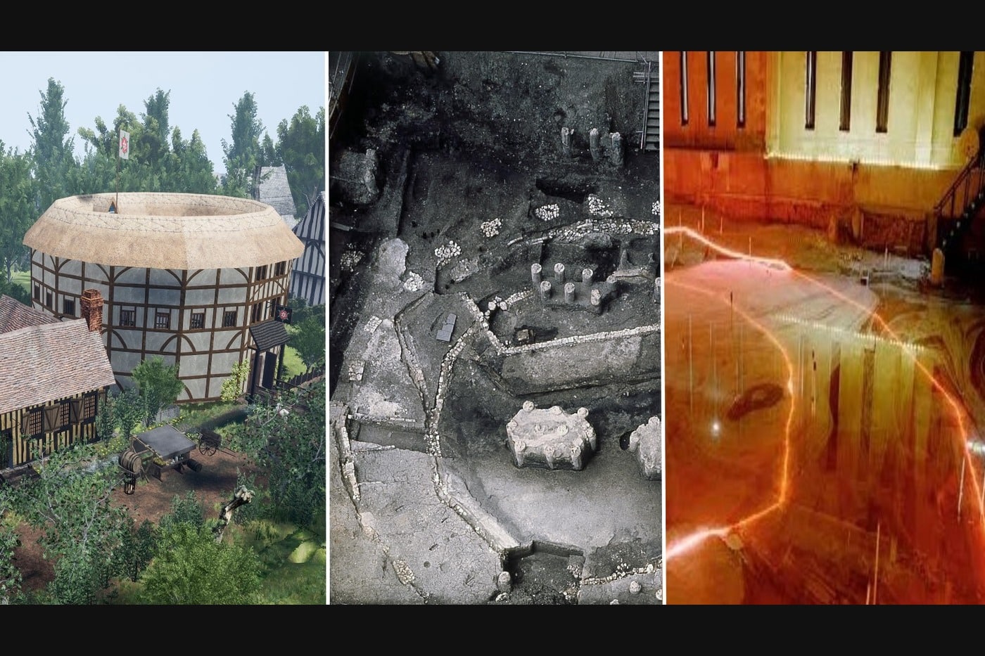 The Rose Playhouse in 1587, 1989 and 2026: a CGI reconstruction, the 1989 excavation, and the preserved remains today