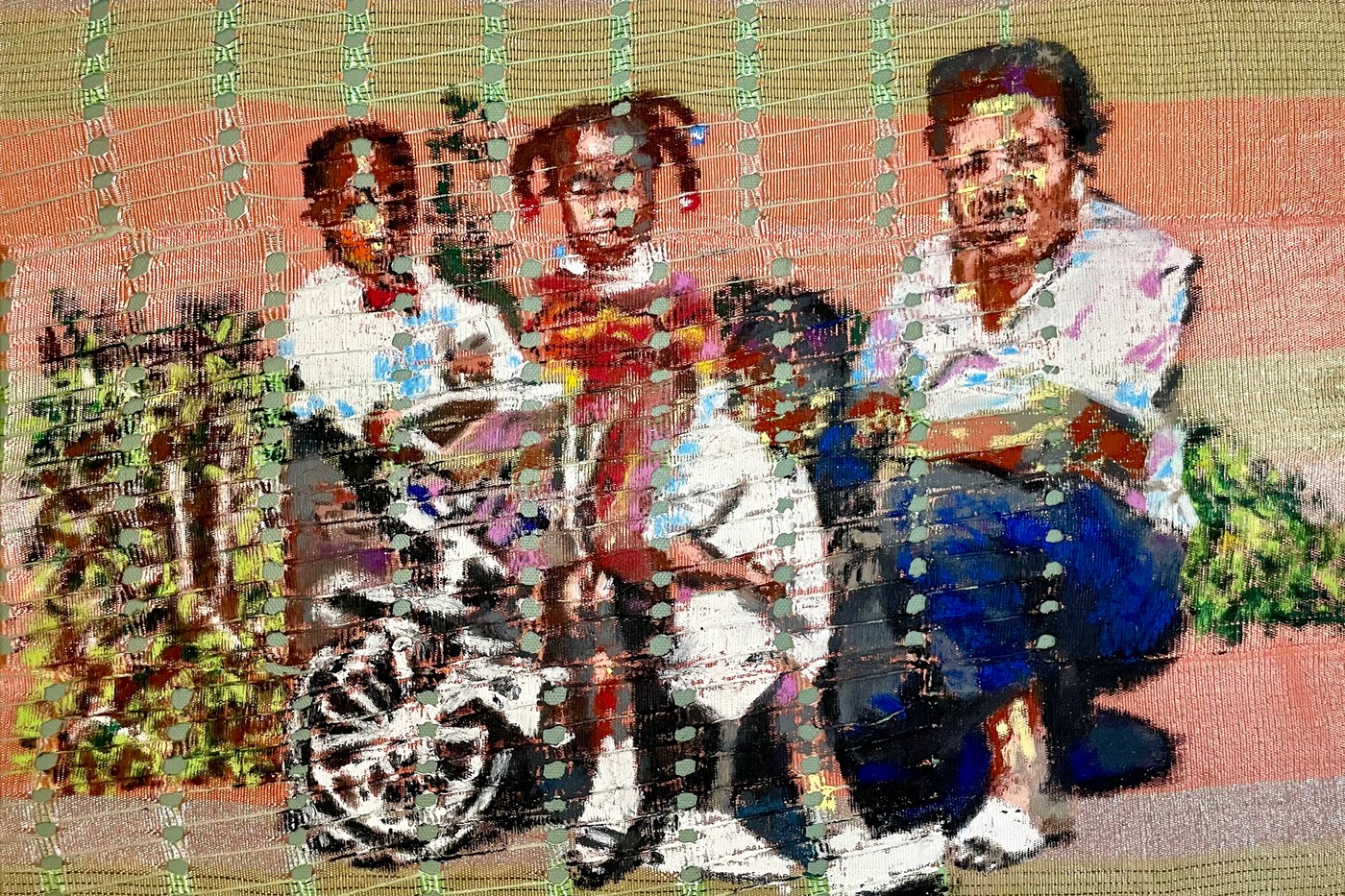 Yasser Claud-Ennin's woven textile portrait Simple Pleasures, showing three figures in a garden