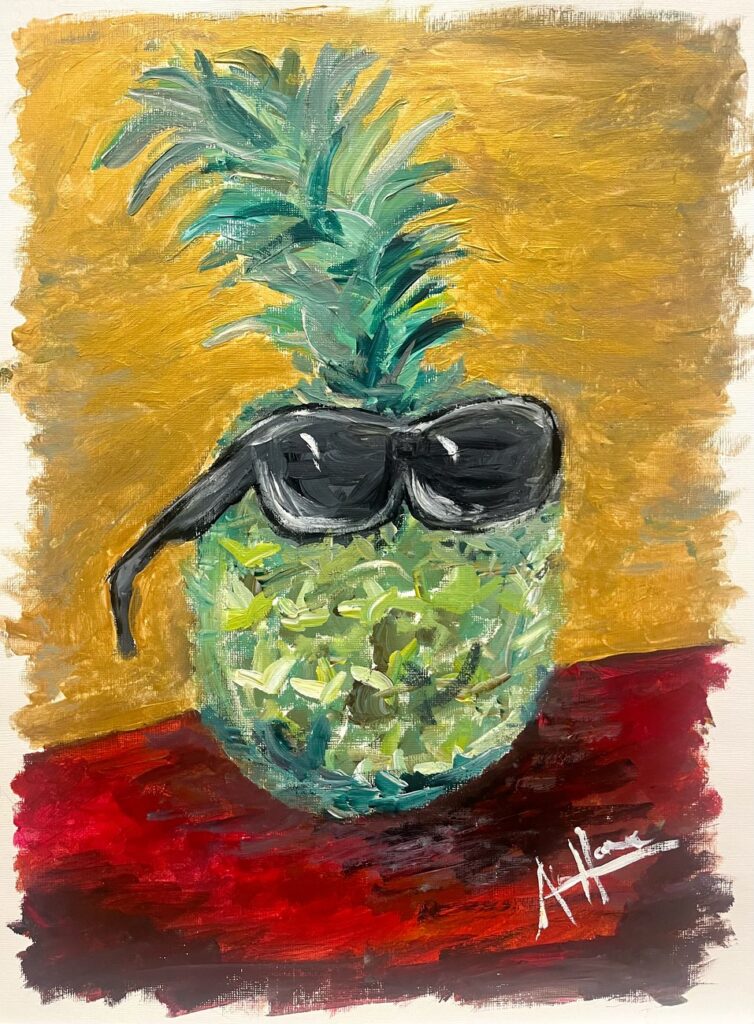 A painting of a pineapple wearing large black sunglasses against a mustard background on a red table, by Alex Horne