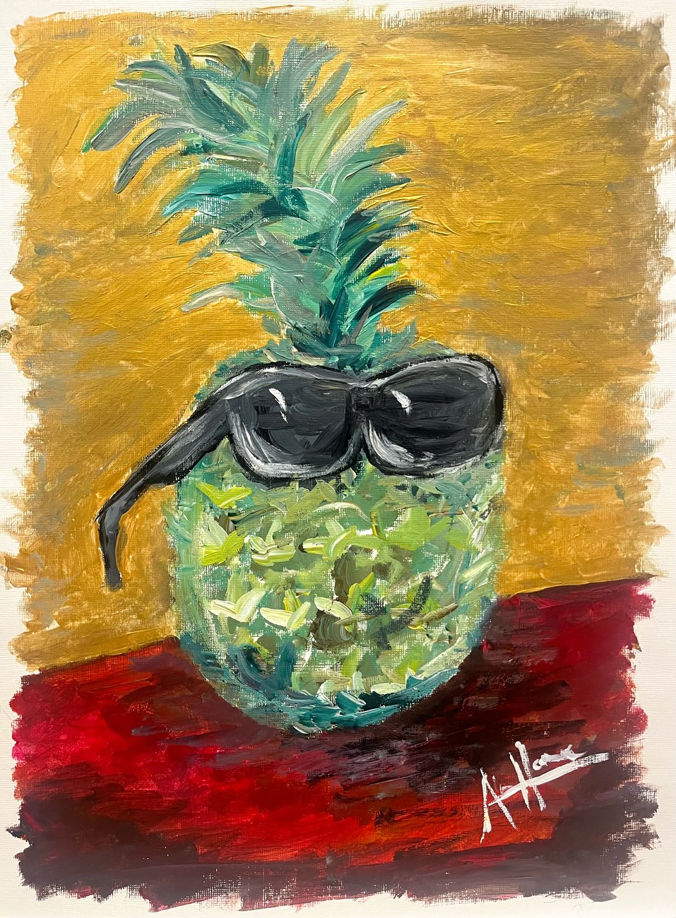 A painting of a pineapple wearing large black sunglasses against a mustard background on a red table, by Alex Horne