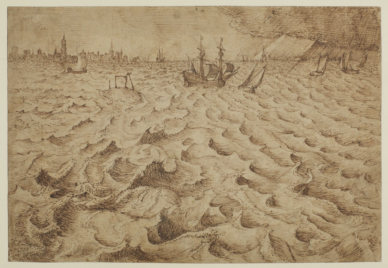 Pieter Bruegel the Elder's pen drawing of a storm on the River Schelde, with sailing ships pitching in heavy swell and the spire of Antwerp on the horizon