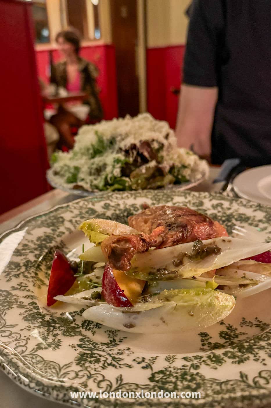 A chicory salad with plums, capers and a slice of terrine on a green and white transferware plate at Camille, with a parmesan-covered salad behind