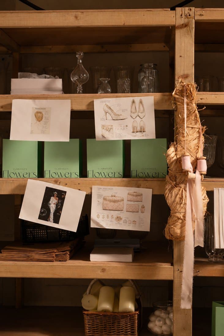 A workshop shelf at Claridge's Flowers with concept sketches for the hairstyle, the shoes and a floral clutch bag pinned above green Claridge's Flowers boxes