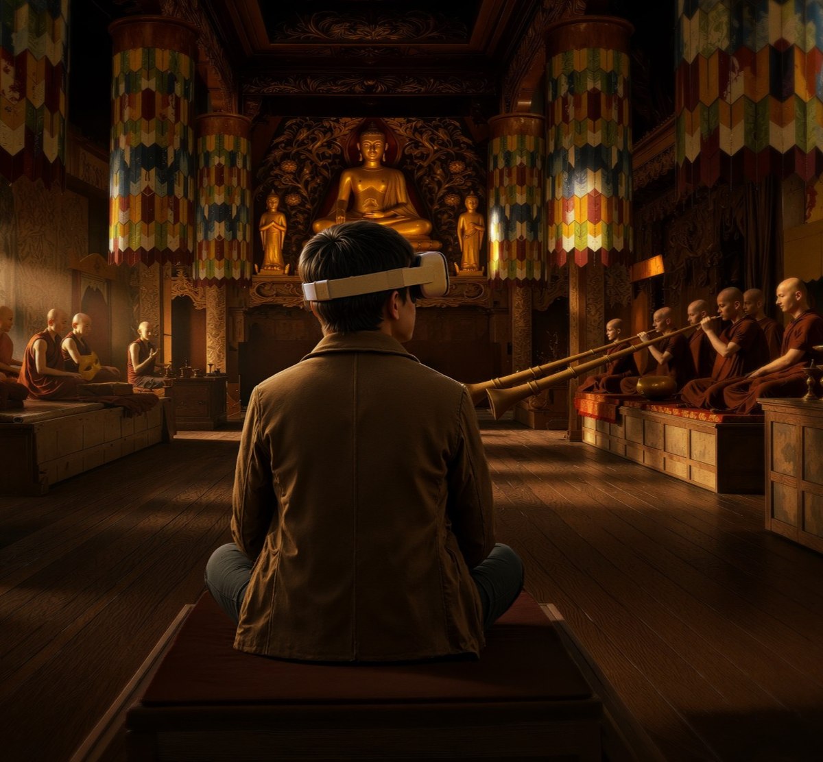 A visitor in a VR headset sitting cross-legged in a monastery hall as monks play long ceremonial horns beneath a gilded Buddha