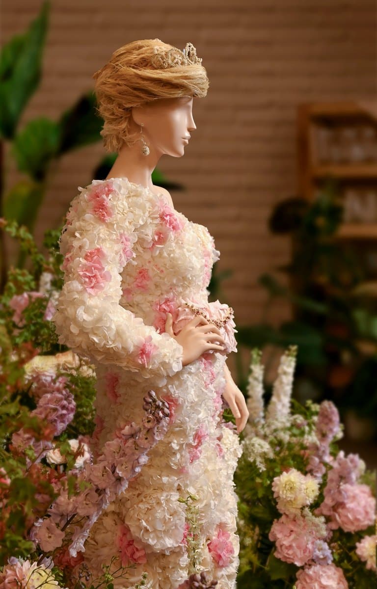 A mannequin in a floor-length gown made from white and pink flowers, wearing a raffia wig and a tiara woven from tiny white blooms, surrounded by banked flowers