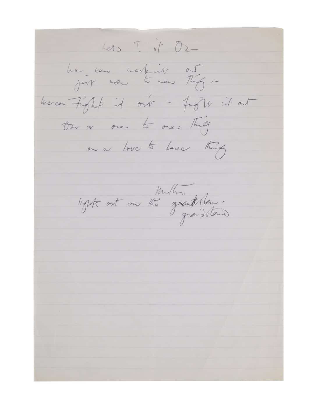 A handwritten lyric draft in ink on lined paper, with crossings-out and an alternate line added underneath