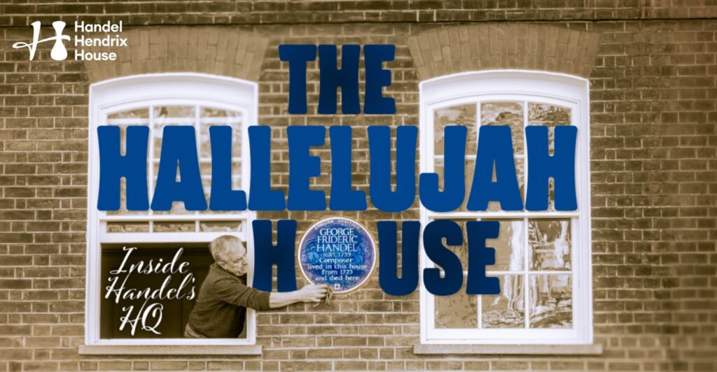 Artwork for the Hallelujah House: Inside Handel's HQ exhibition, showing the blue plaque to George Frideric Handel on the brick front of 25 Brook Street being polished
