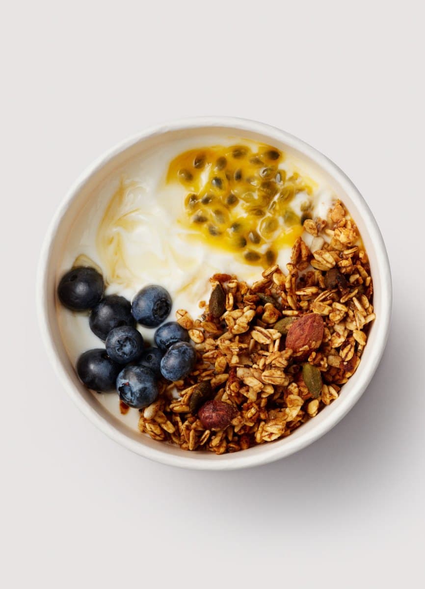 A Joe and the Juice yogurt bowl with honey, passion fruit, blueberries and granola