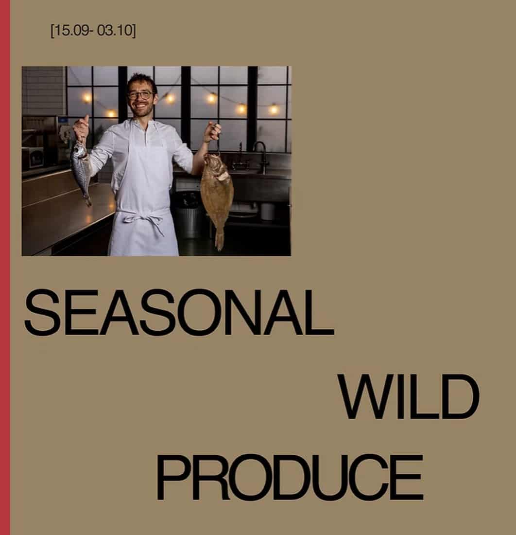 Graphic for the Lawrence Barrow residency at Rocola, dated 15.09 to 03.10, showing the chef holding up two whole fish