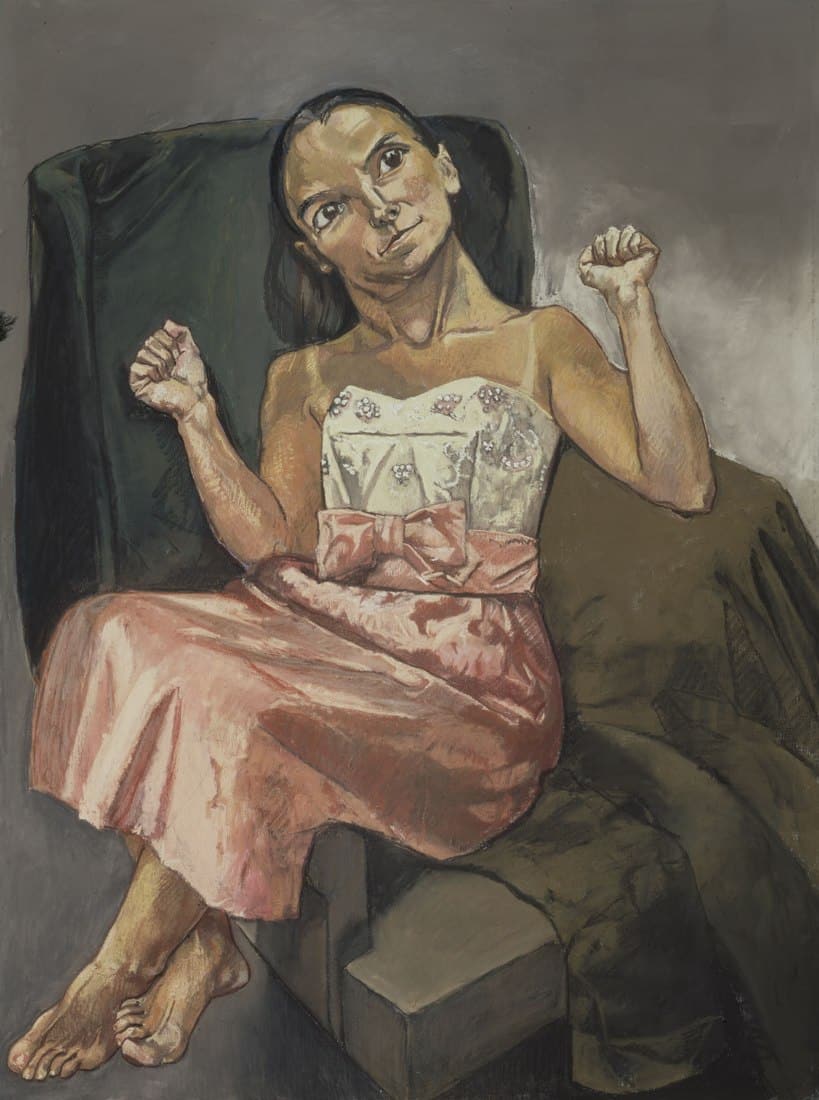 Paula Rego's pastel Moth, showing a woman in a pink satin dress sprawled in a green armchair with both fists clenched
