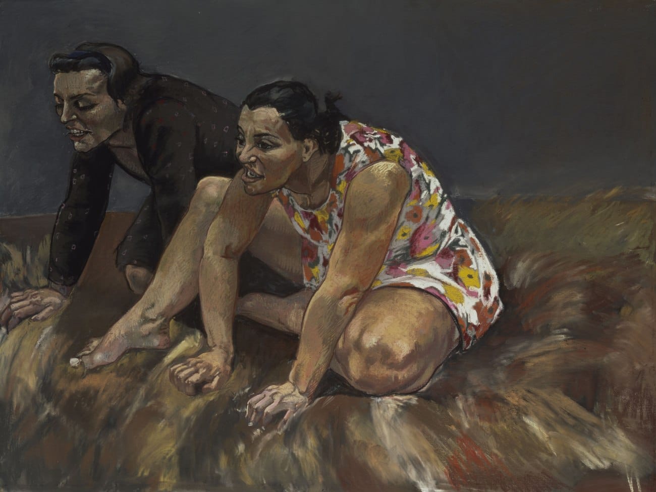 Paula Rego's pastel Scavengers, showing two women on their hands and knees on rough ground, one in a floral top, both turned towards something out of frame