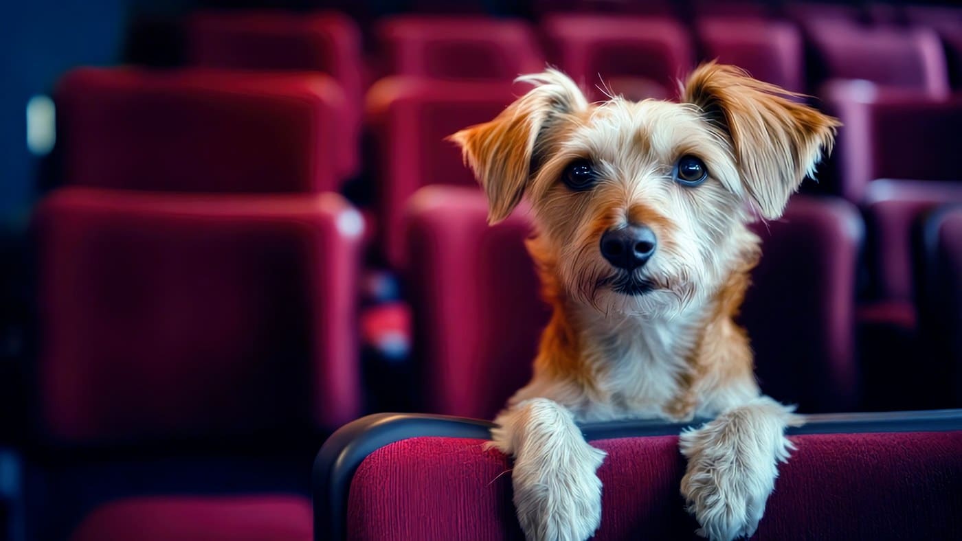 A small terrier sitting up in a red cinema seat, front paws over the seat back