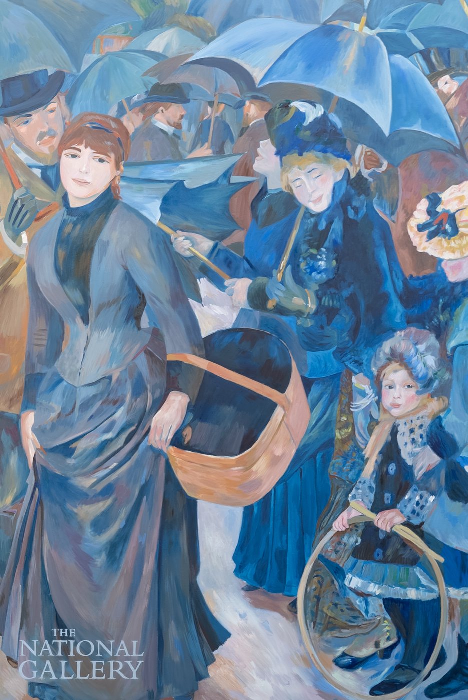 Close view of the hand-painted Renoir mural showing the woman in grey with a basket, the woman in blue under an umbrella and the child with a hoop