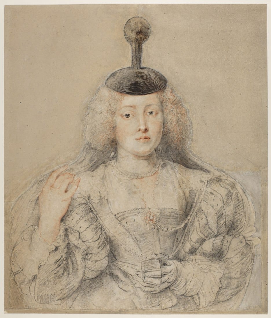 Rubens's chalk portrait of Helena Fourment, a young woman with loose curled hair in a wide-sleeved dress and a small feathered cap, drawn in black, red and white chalk