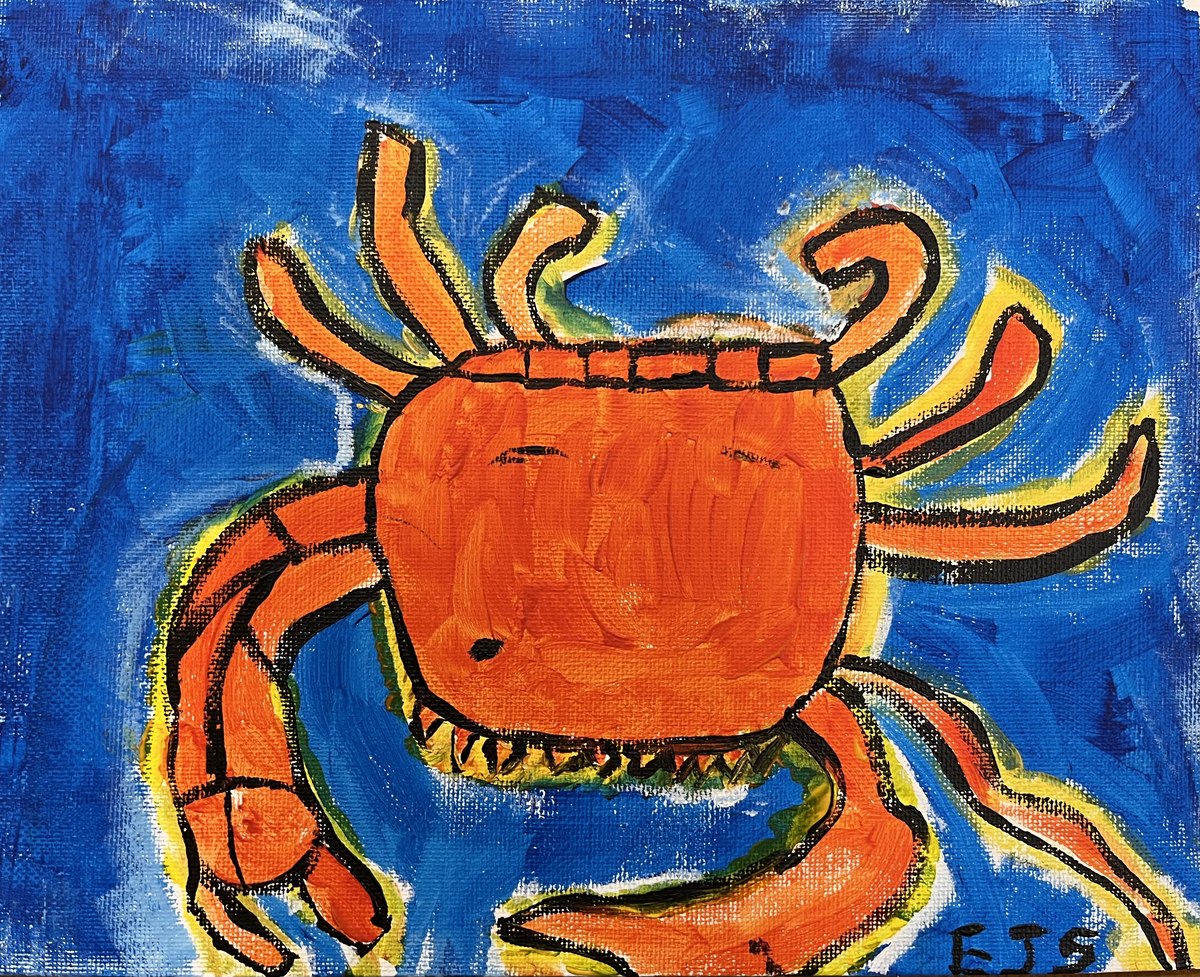A bold painting of an orange crab outlined in black against a deep blue background