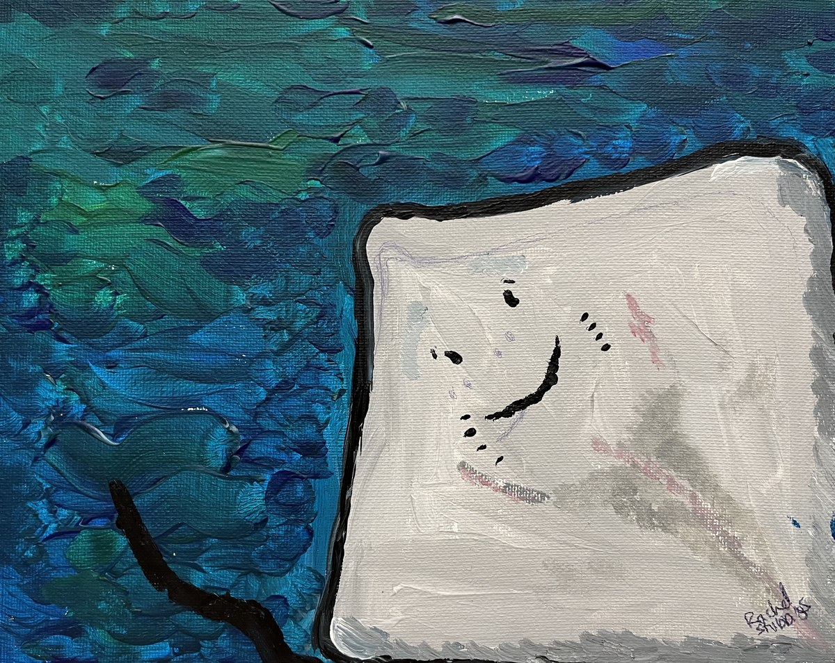 A painting of a large white marshmallow with a smiling face, against a textured blue and green background