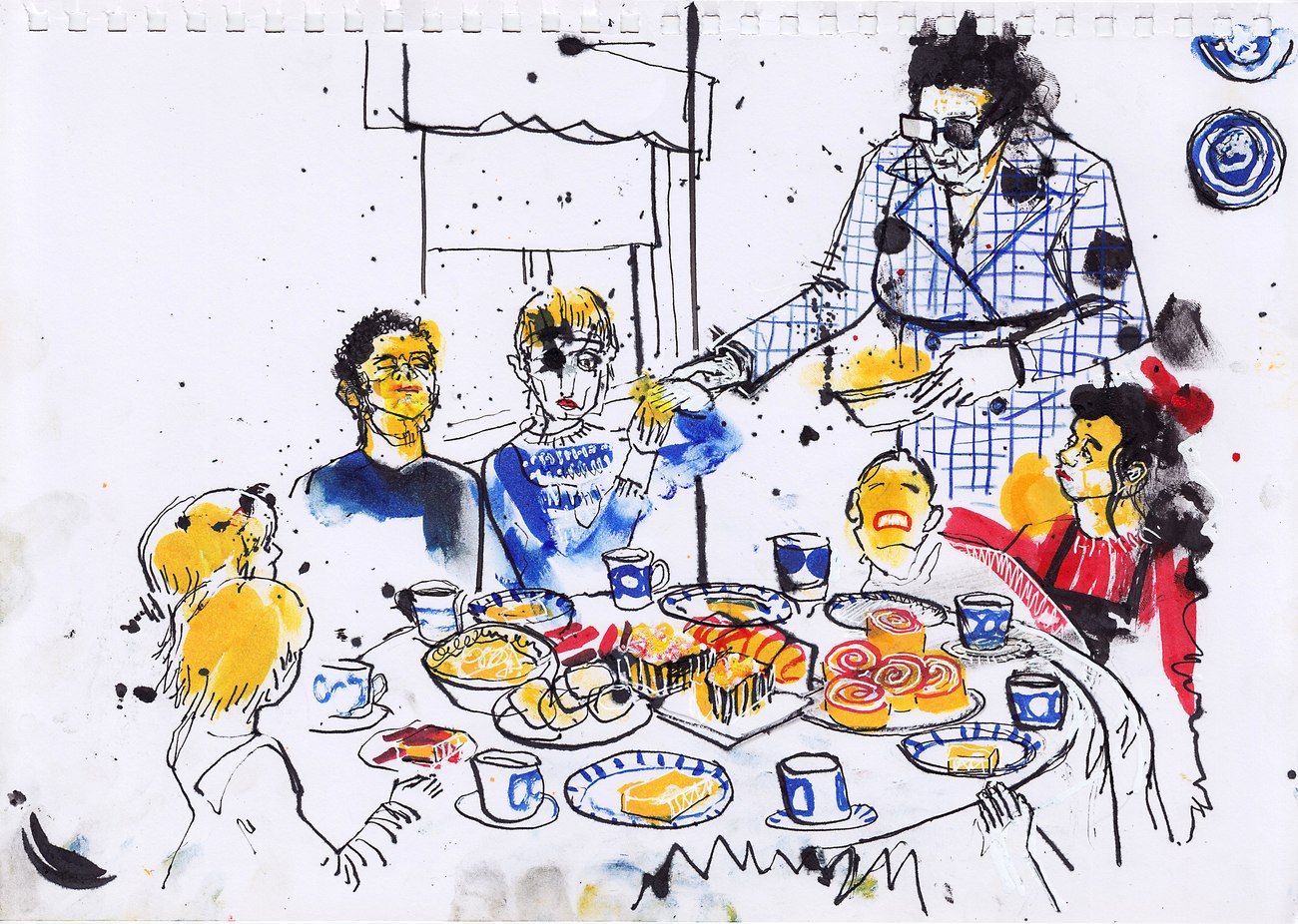An ink and gouache drawing of a family crowded round a table loaded with cakes and blue and white crockery