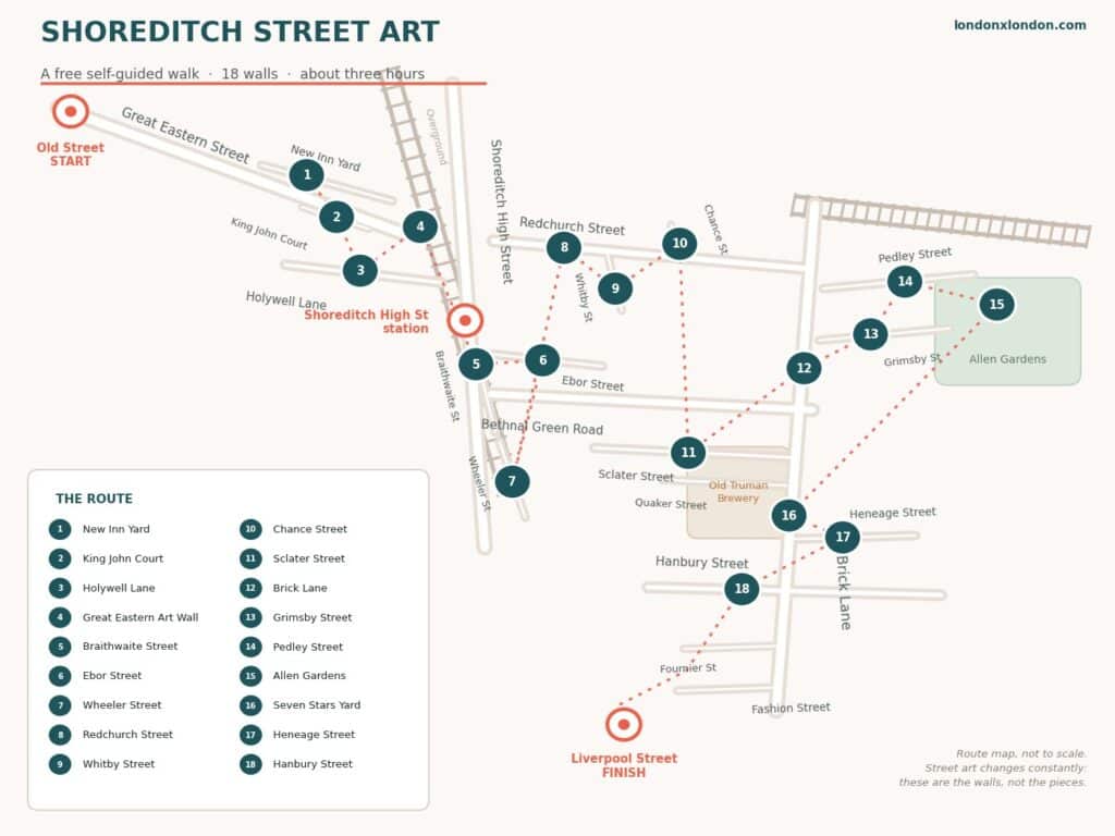 A route map of the 18-stop self-guided Shoreditch street art walk from Old Street to Liverpool Street
