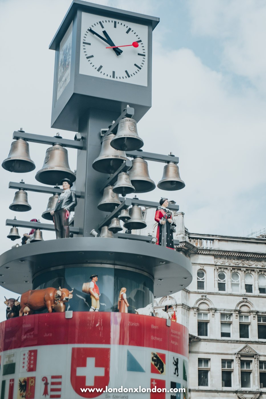 Bells, costumed figures and the Swiss railway clock face of the Swiss glockenspiel in London