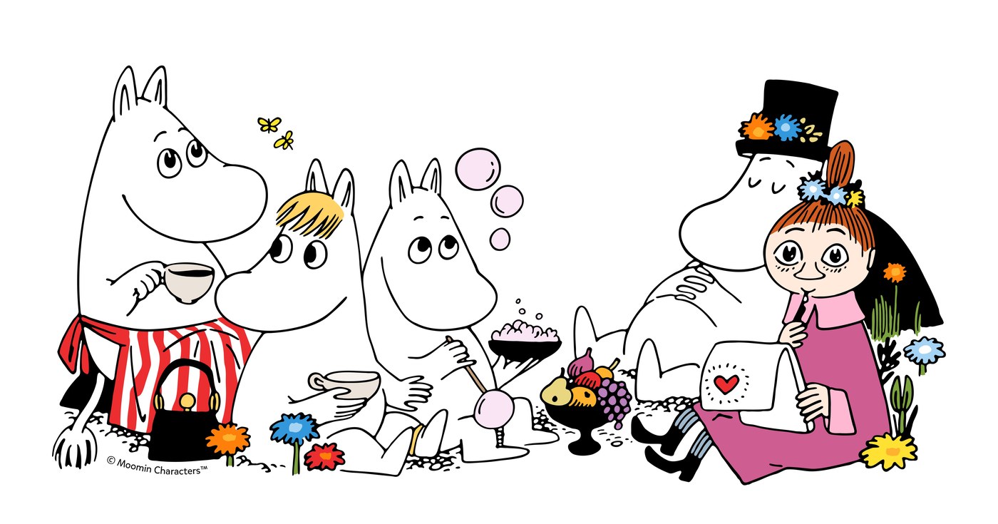 The full Moomin family picnic scene by Tove Jansson, with Little My reading a letter at the right-hand end