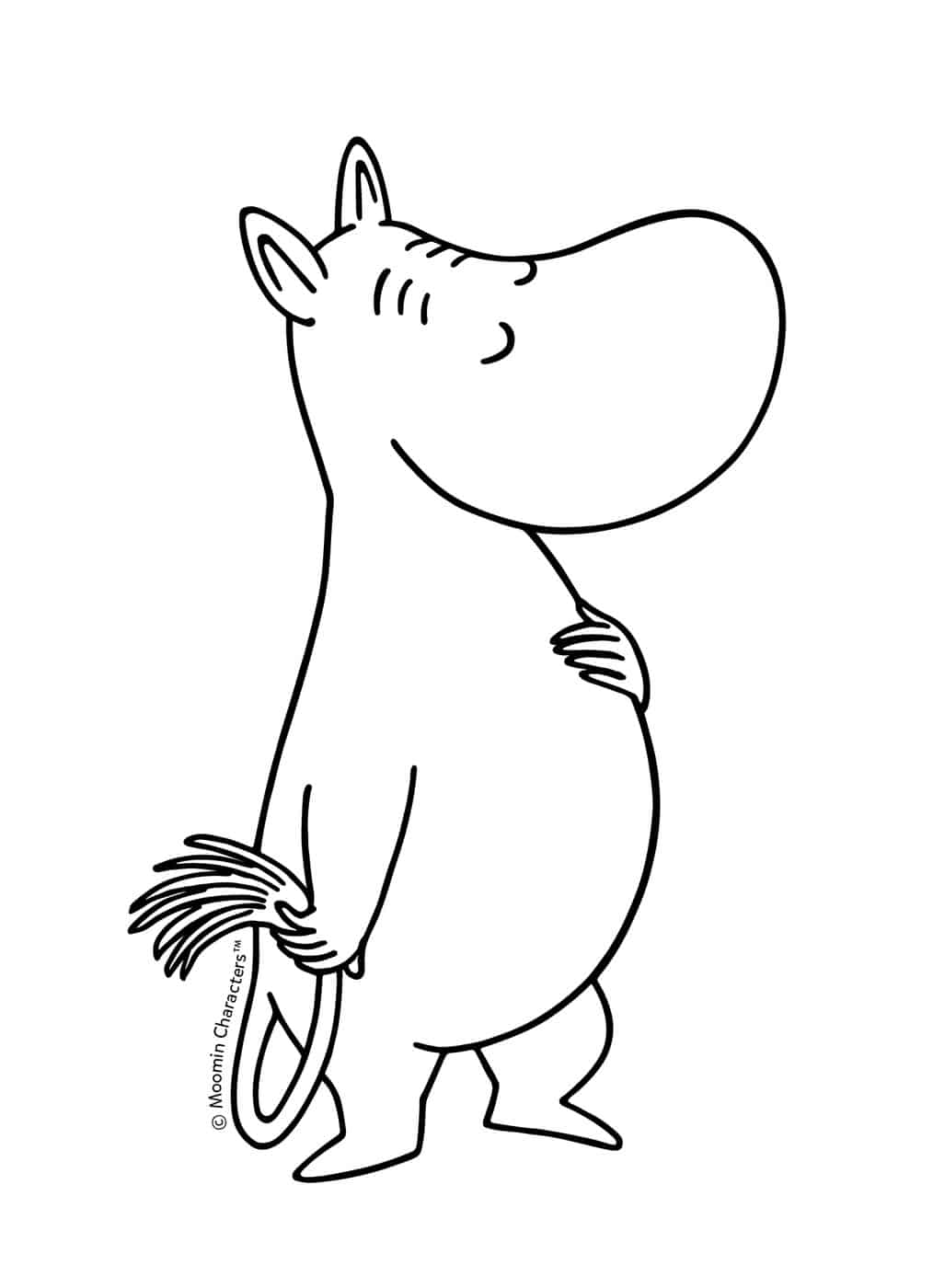 A line drawing of Moomintroll standing in profile, looking upwards, holding his tail
