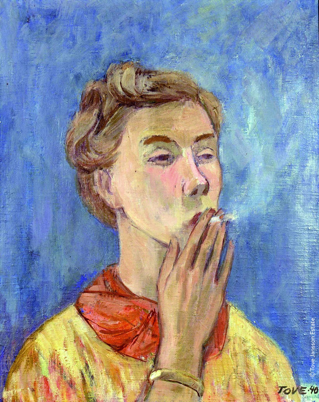 Tove Jansson's 1940 self-portrait in oils, in a yellow shirt and red scarf against a blue ground, hand raised to her chin